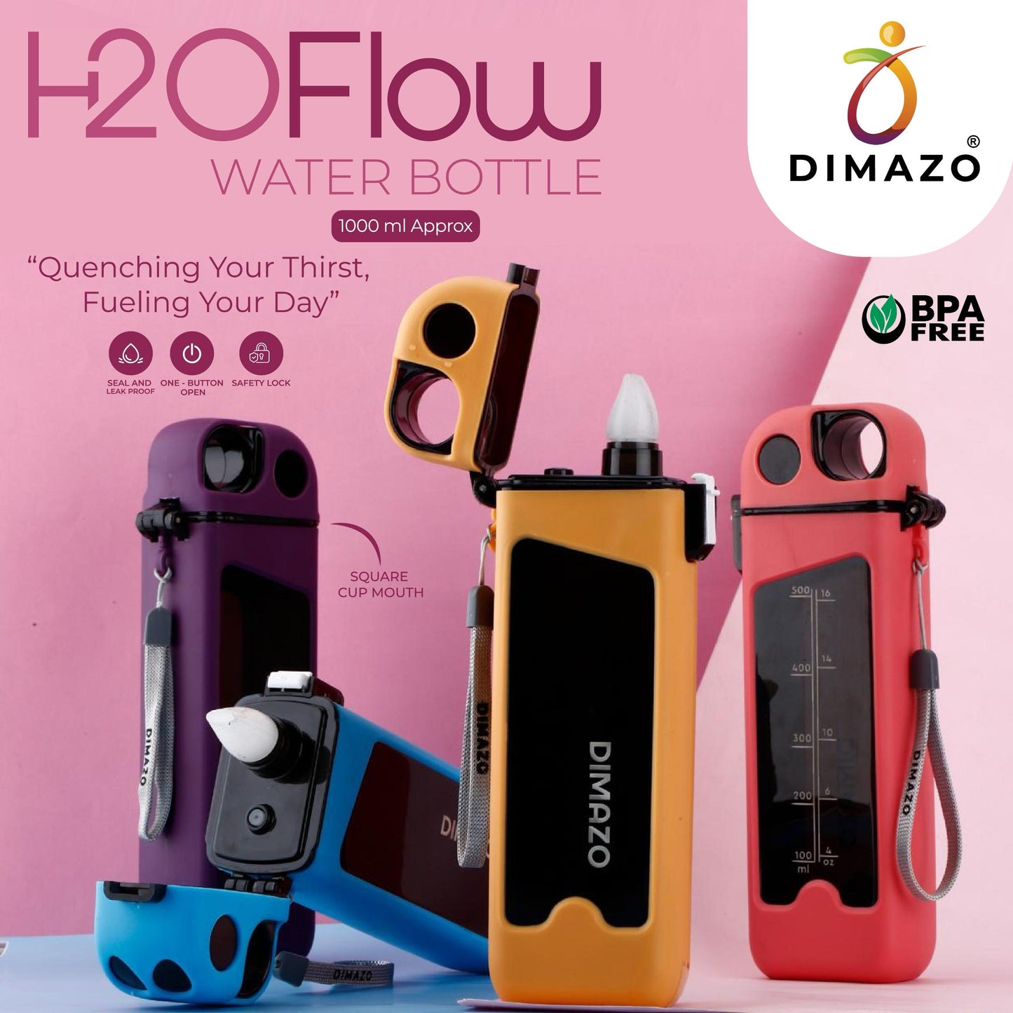 Rectangle Water Bottle With Portable Straw, Leakproof ,BPA Free | Double Walled Locking Lid With Silicone Spout