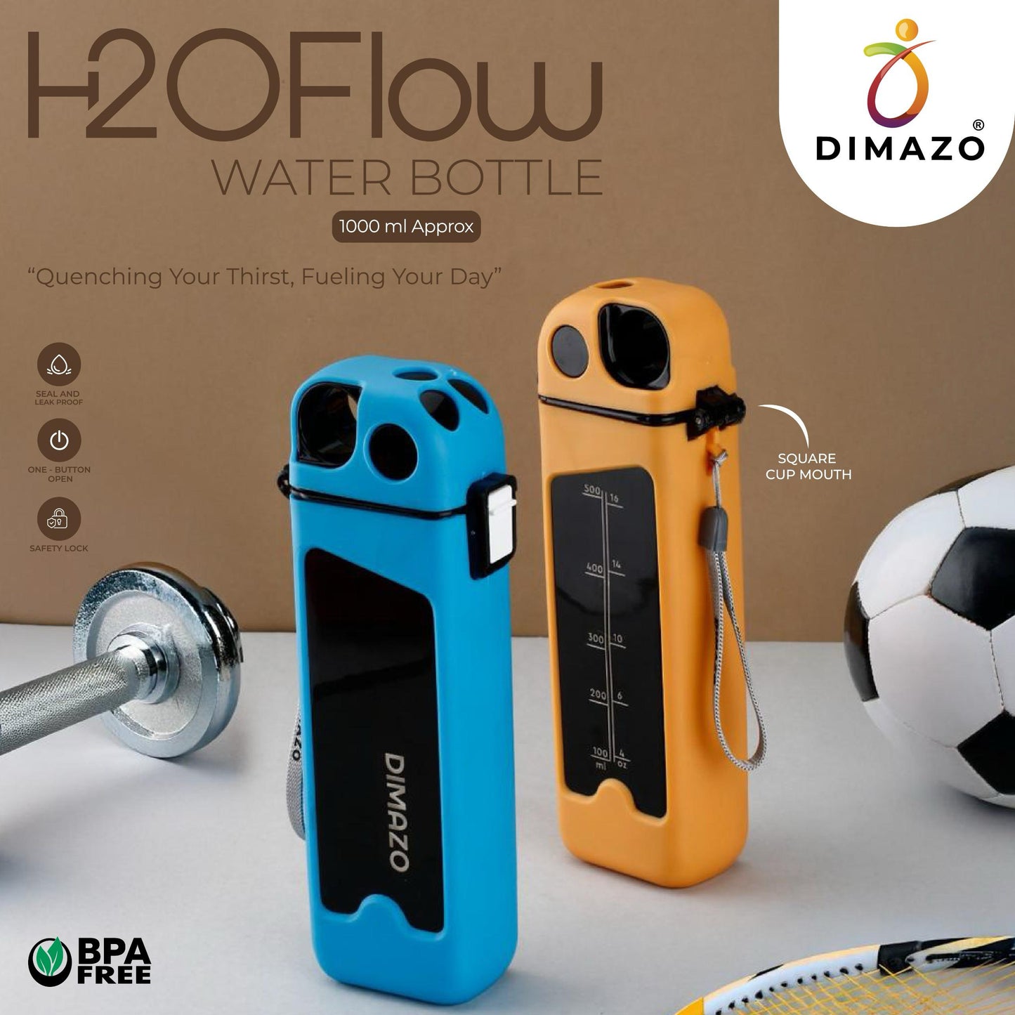 Rectangle Water Bottle With Portable Straw, Leakproof ,BPA Free | Double Walled Locking Lid With Silicone Spout
