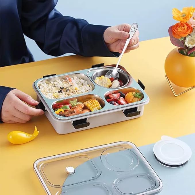 Dimazo Lunch Box for Adults - Lunch Box for Kids with Spoon & Fork - Stainless Steel Lunch Box with 4 Compartment