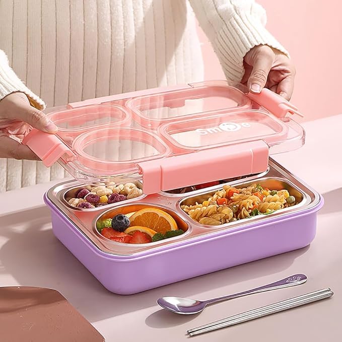 Dimazo Lunch Box for Adults - Lunch Box for Kids with Spoon & Fork - Stainless Steel Lunch Box with 4 Compartment