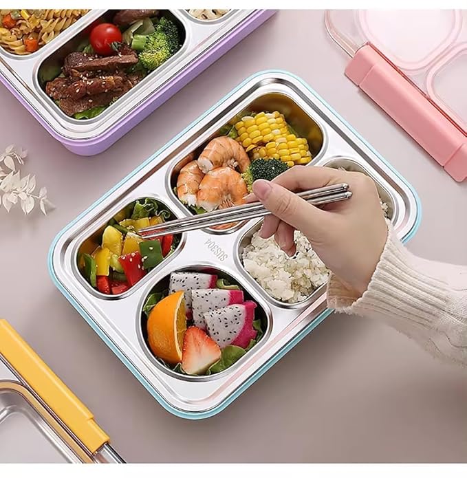 Dimazo Lunch Box for Adults - Lunch Box for Kids with Spoon & Fork - Stainless Steel Lunch Box with 4 Compartment