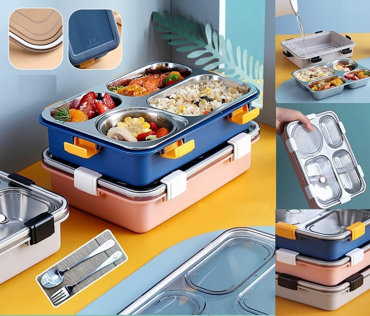 Dimazo Lunch Box for Adults - Lunch Box for Kids with Spoon & Fork - Stainless Steel Lunch Box with 4 Compartment