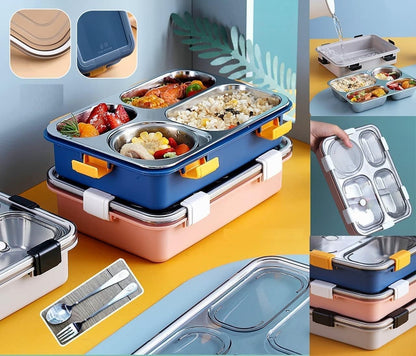 Dimazo Lunch Box for Adults - Lunch Box for Kids with Spoon & Fork - Stainless Steel Lunch Box with 4 Compartment