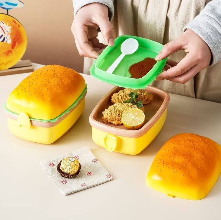 Dimazo Hot Dog Lunch Box 3 Containers Box with Spoon, Lunch Box for Office and School use