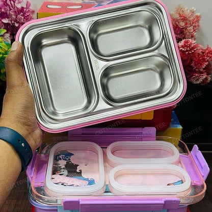 Stainless Steel Premium Lunch Box with 3 Compartments, Leakproof with Spoon , Lunch Box for School Kids and Adults 750ml