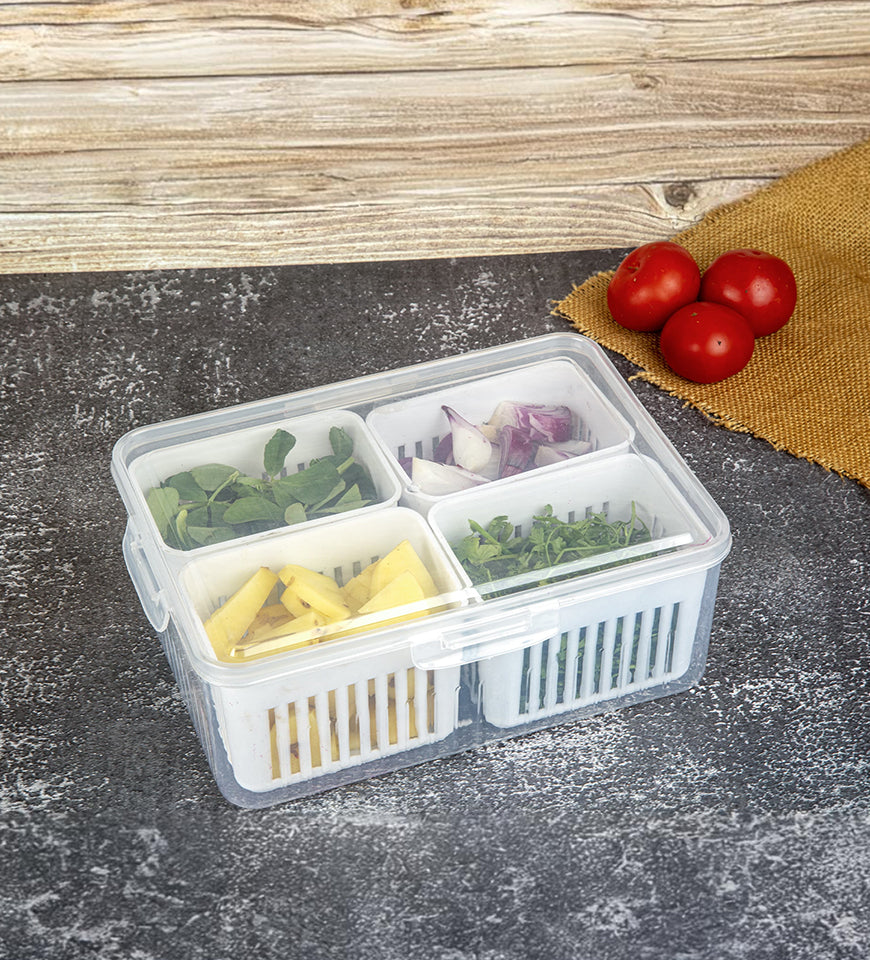 4 compartment Airtight Fridge food storage |Vegetable Storage Box for Fridge Organizer with Drain Cup & Removable Boxes