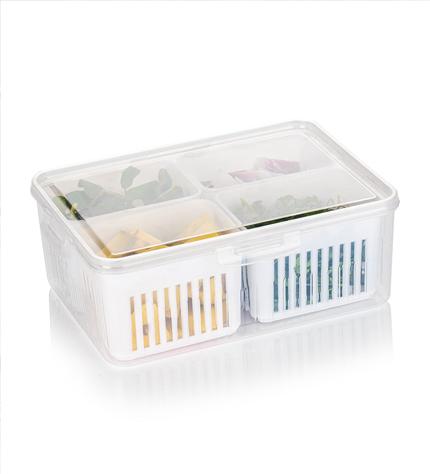 4 compartment Airtight Fridge food storage |Vegetable Storage Box for Fridge Organizer with Drain Cup & Removable Boxes