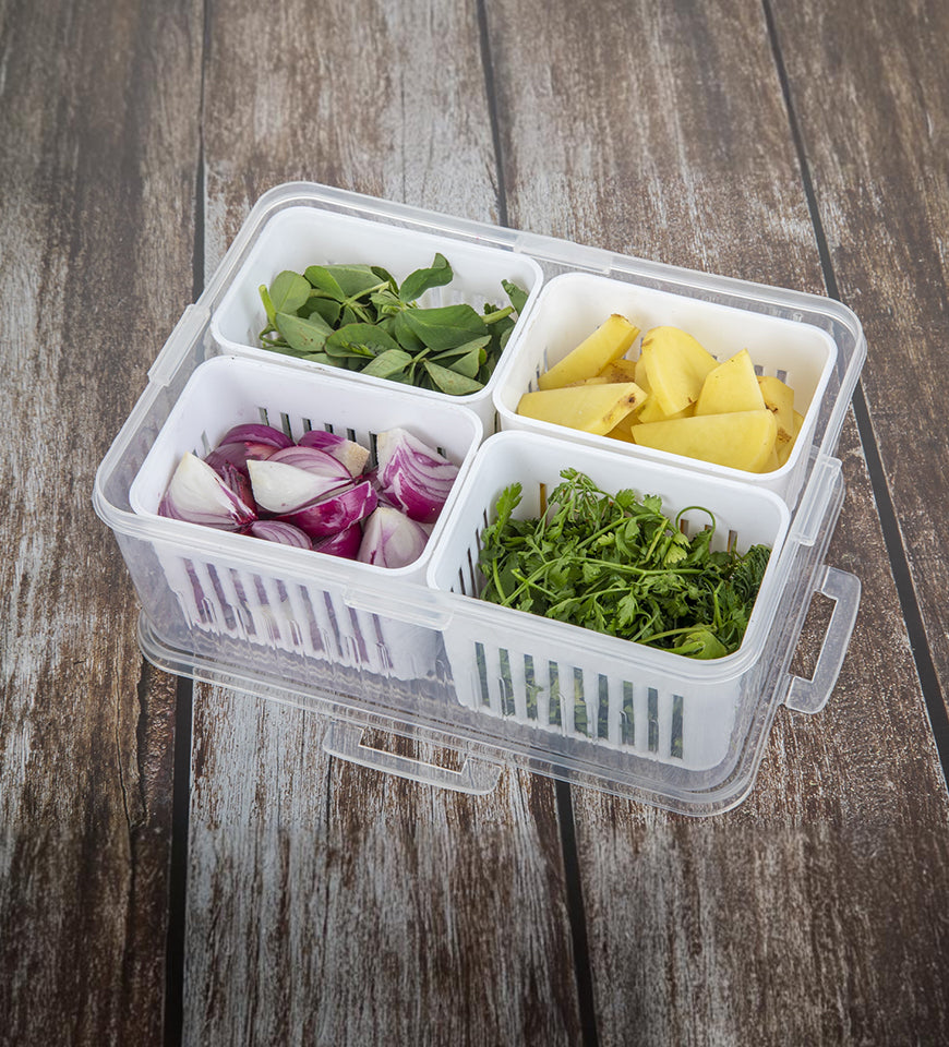 4 compartment Airtight Fridge food storage |Vegetable Storage Box for Fridge Organizer with Drain Cup & Removable Boxes