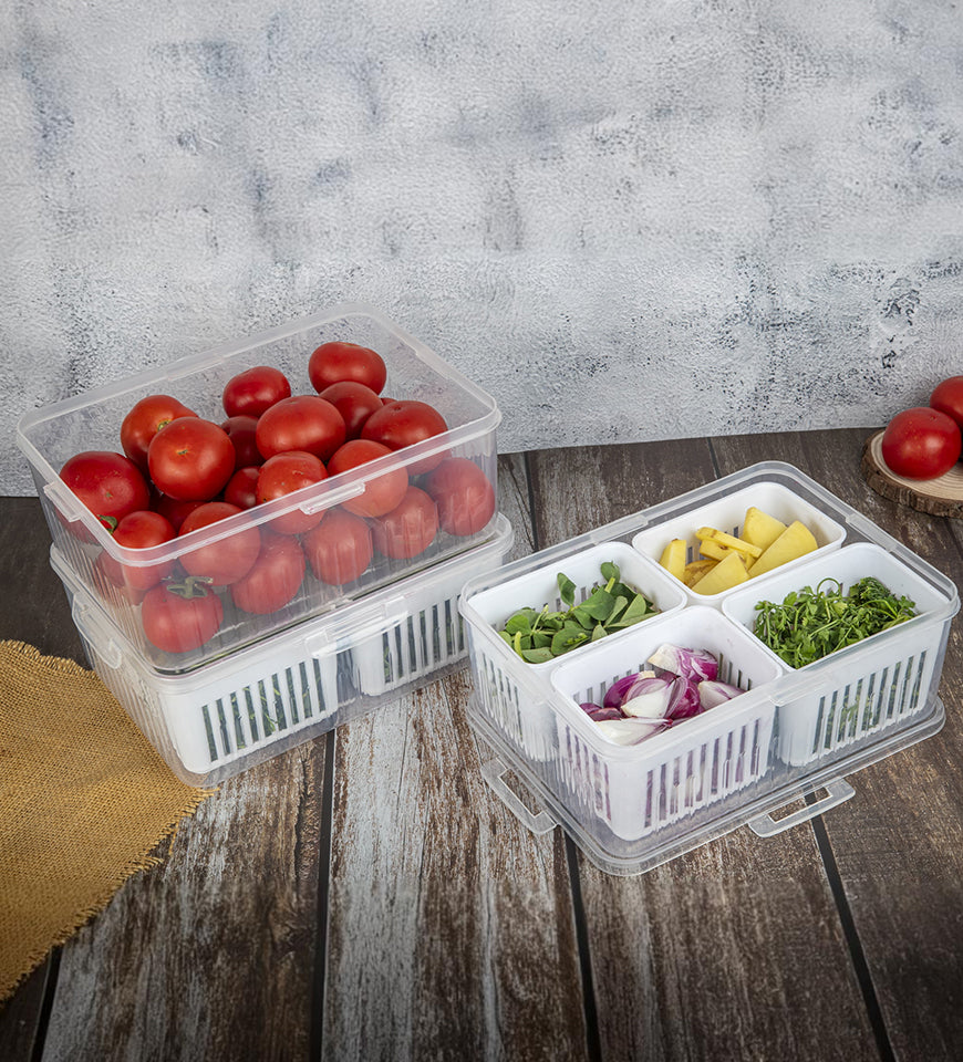 4 compartment Airtight Fridge food storage |Vegetable Storage Box for Fridge Organizer with Drain Cup & Removable Boxes