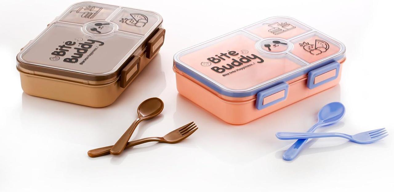 Dimazofly Bite Buddy 4-Compartment Lunch Box with Spoons, BPA-Free Food Grade Material, Insulated Container