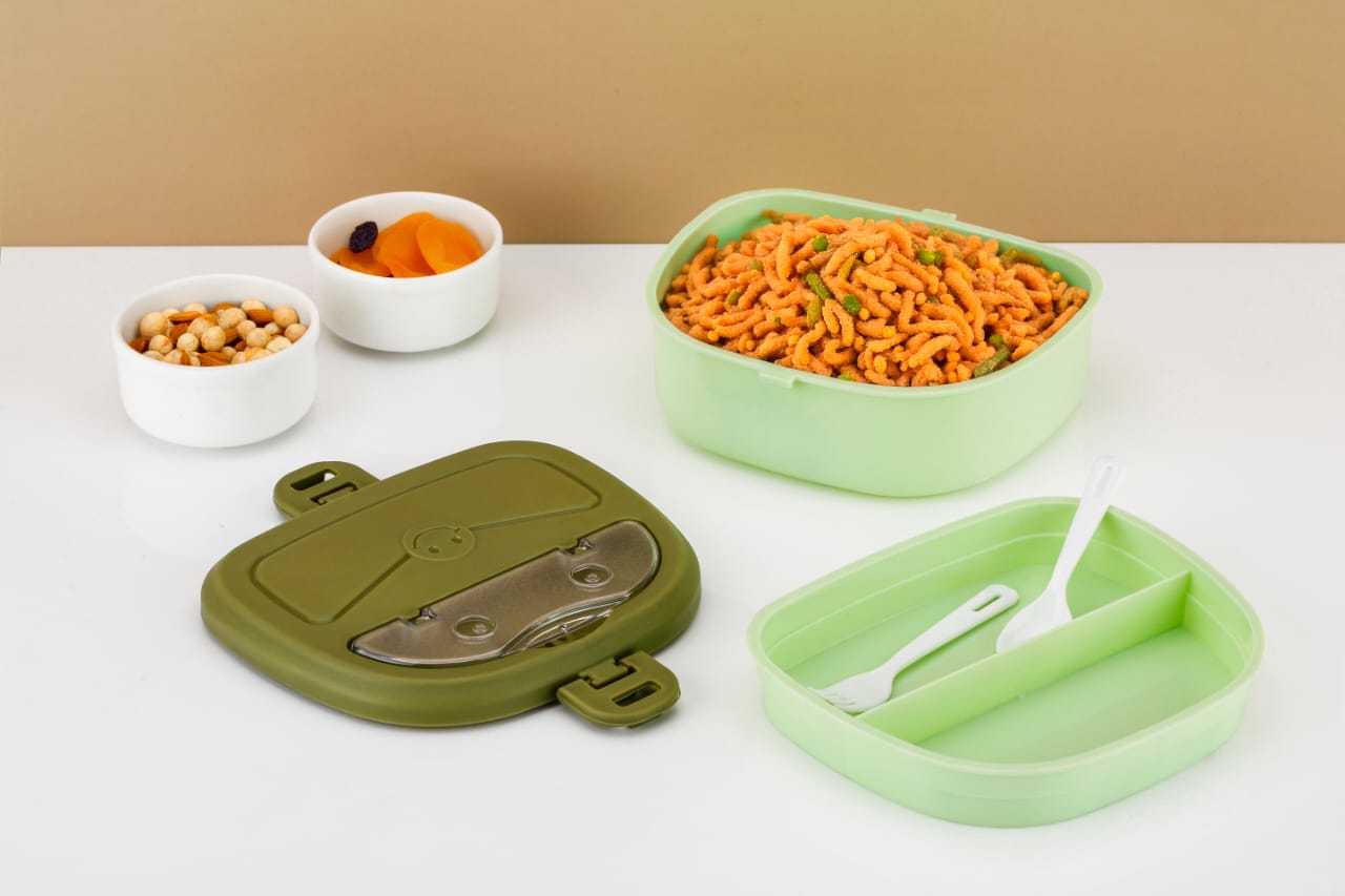 Dimazofly Kids Foodie Lunch Box Set with Partition – BPA Free Plastic Tiffin Box with Spoon & Fork