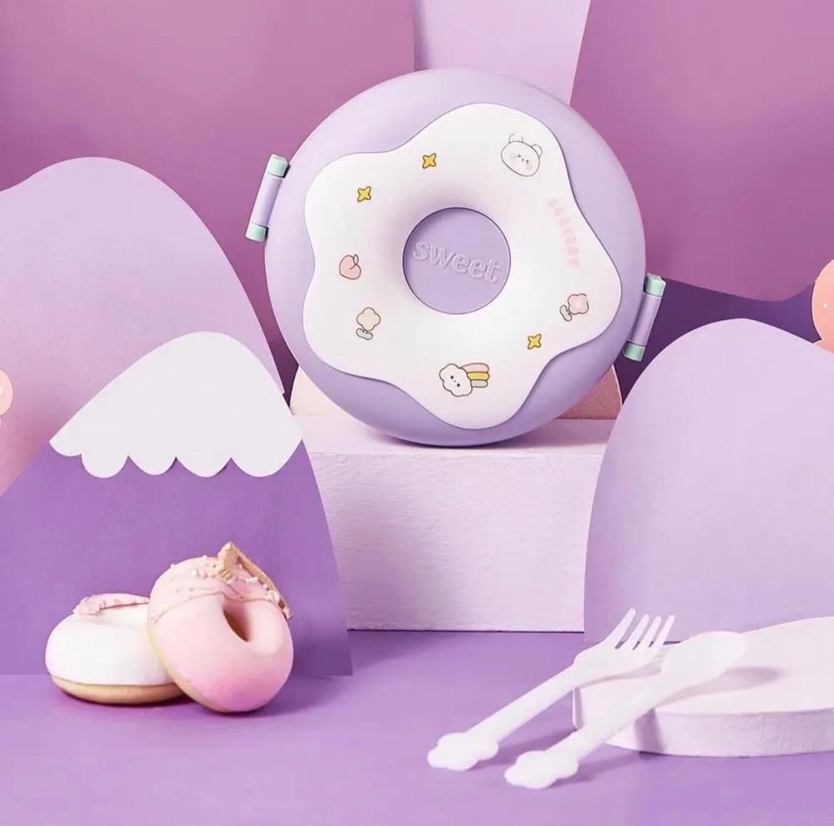 Donut-Shaped Double-Insulated 3-Compartment Lunch Box with Spoon and Fork - 750ml
