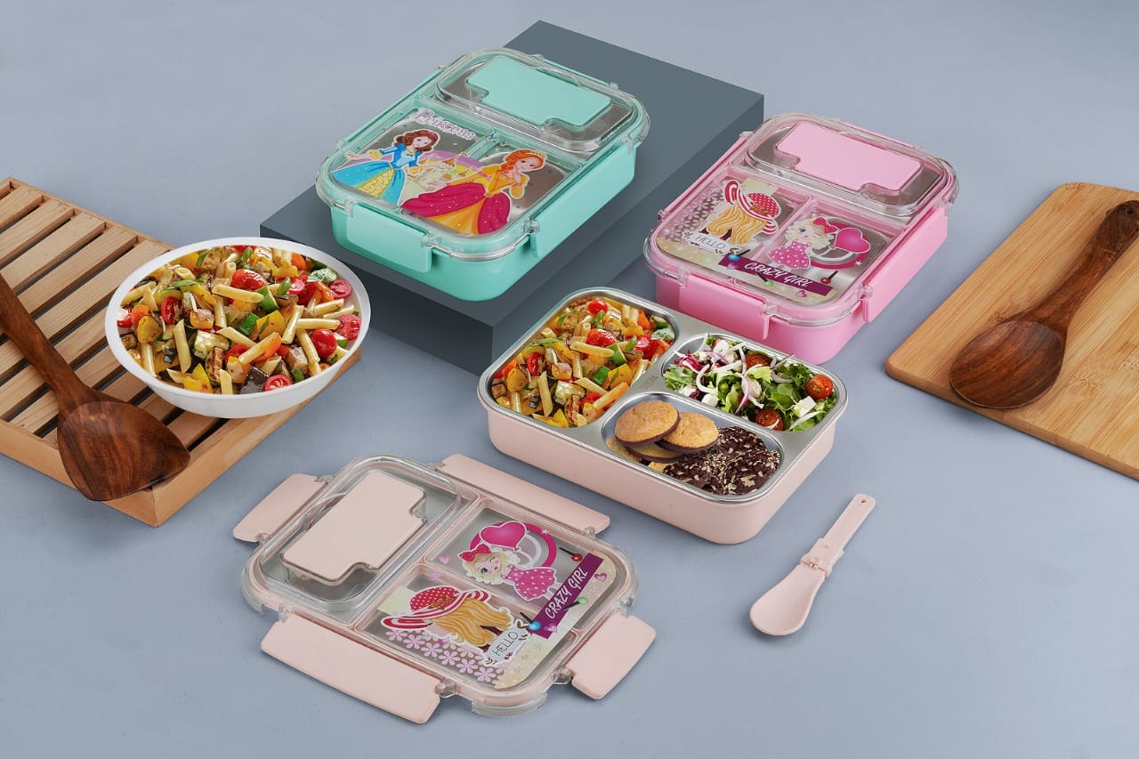 Stainless Steel Premium Lunch Box with 3 Compartments, Leakproof with Spoon , Lunch Box for School Kids and Adults 750ml