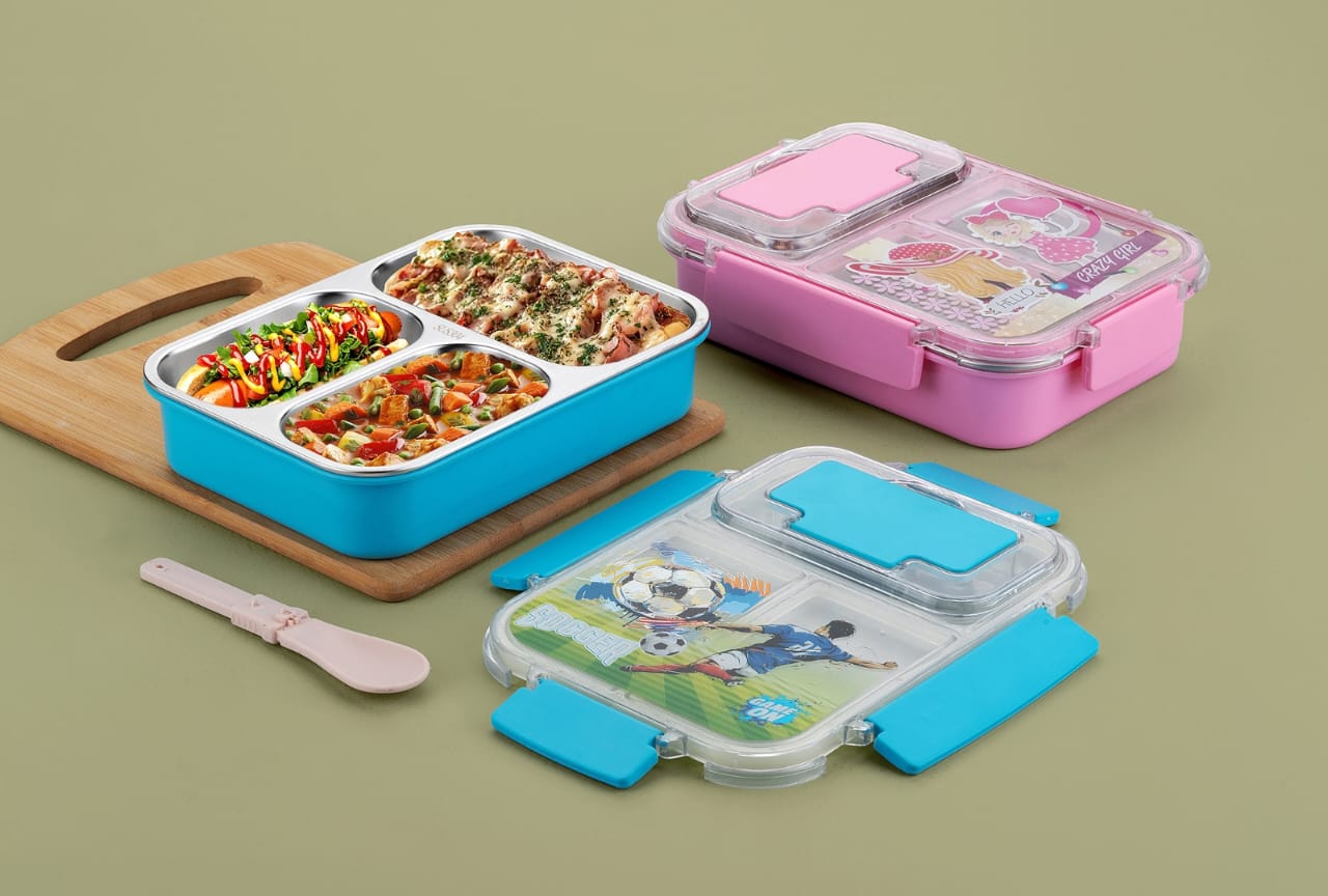 Stainless Steel Premium Lunch Box with 3 Compartments, Leakproof with Spoon , Lunch Box for School Kids and Adults 750ml