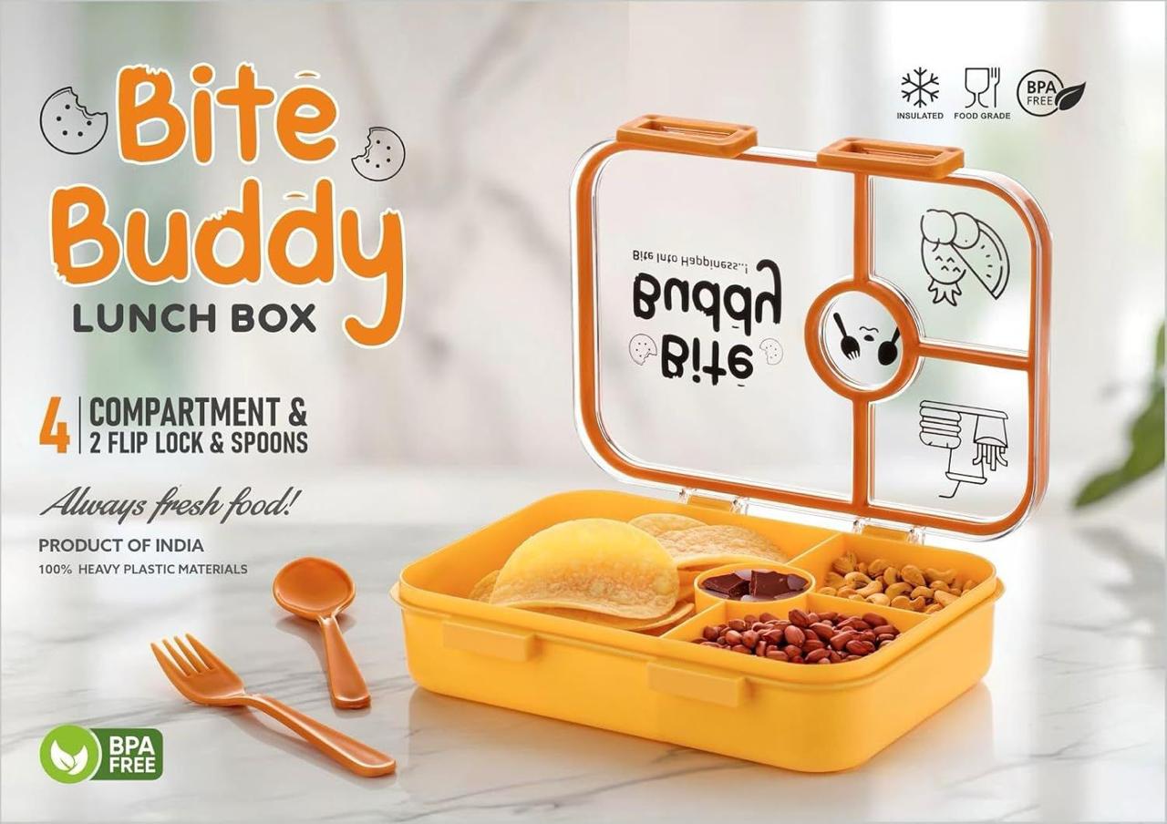 Dimazofly Bite Buddy 4-Compartment Lunch Box with Spoons, BPA-Free Food Grade Material, Insulated Container