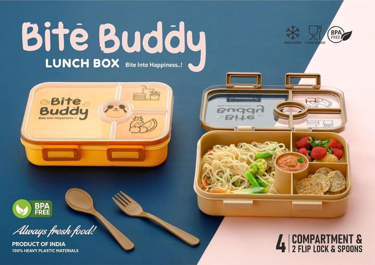 Dimazofly Bite Buddy 4-Compartment Lunch Box with Spoons, BPA-Free Food Grade Material, Insulated Container