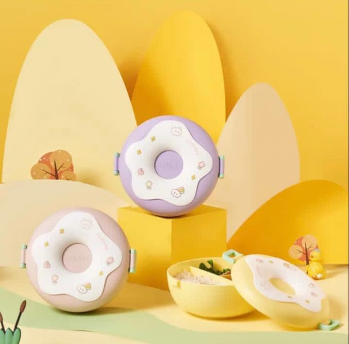 Donut-Shaped Double-Insulated 3-Compartment Lunch Box with Spoon and Fork - 750ml