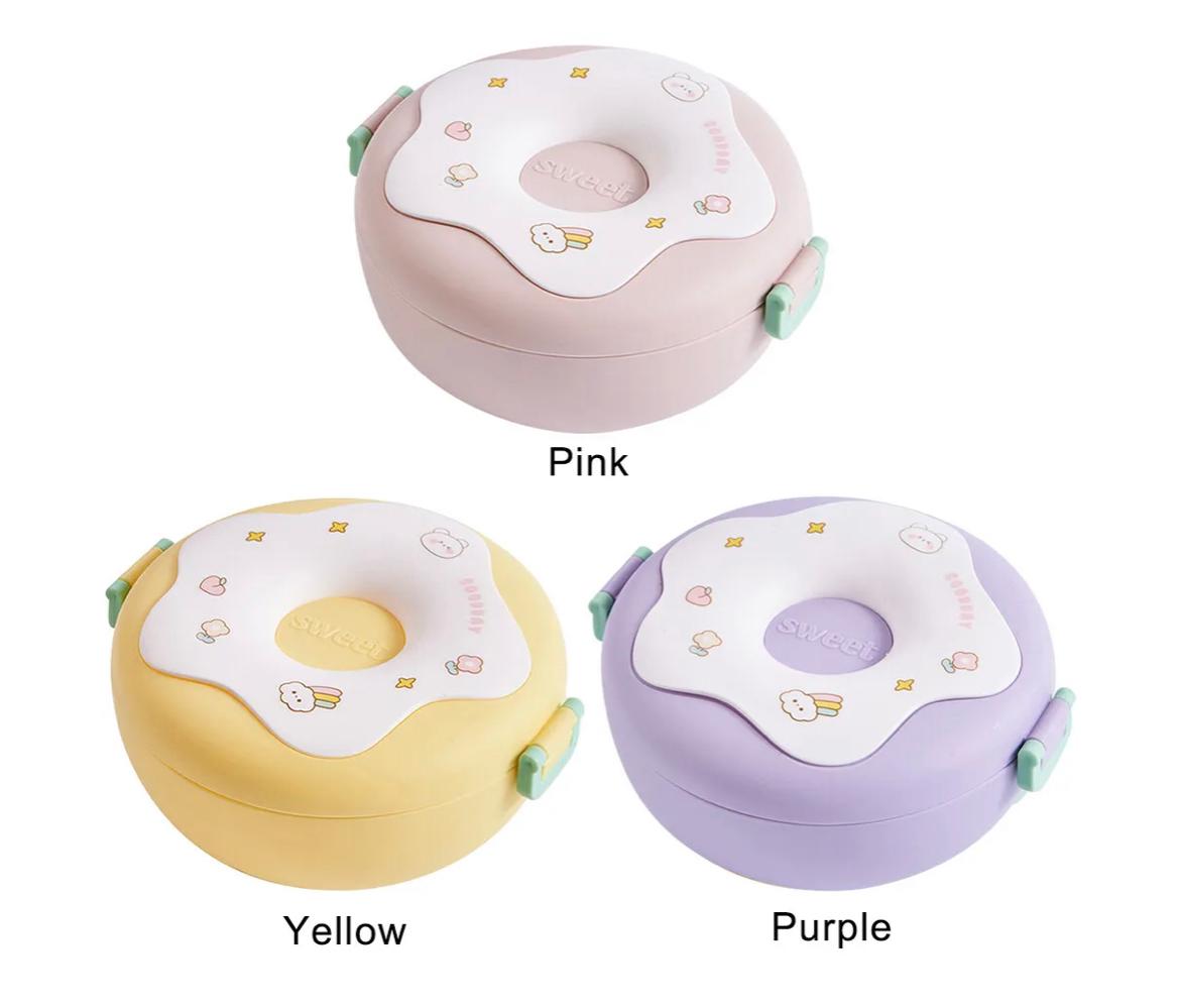 Donut-Shaped Double-Insulated 3-Compartment Lunch Box with Spoon and Fork - 750ml
