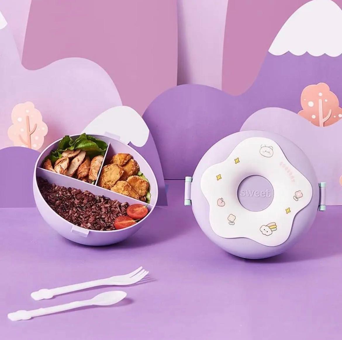 Donut-Shaped Double-Insulated 3-Compartment Lunch Box with Spoon and Fork - 750ml