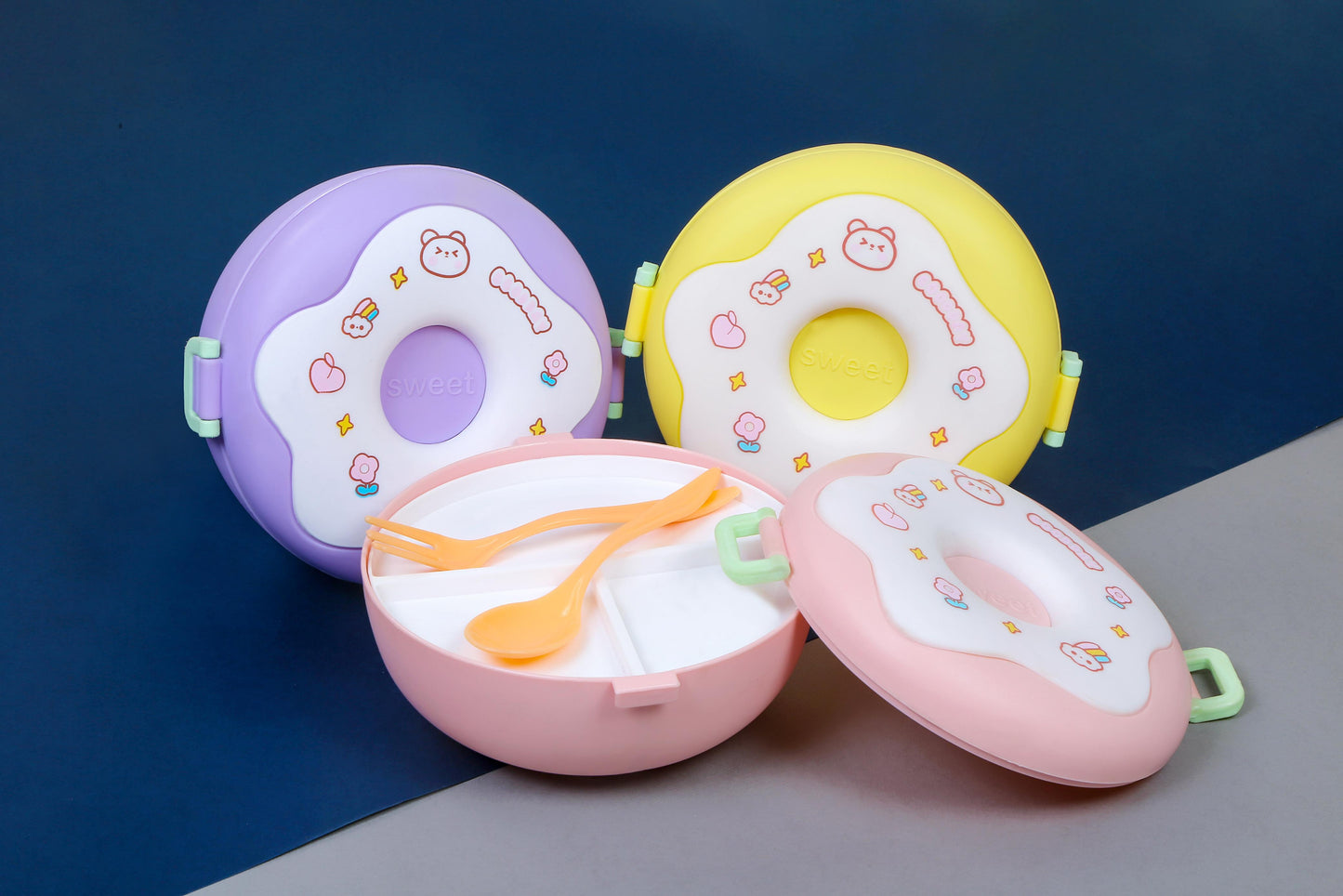 Donut-Shaped Double-Insulated 3-Compartment Lunch Box with Spoon and Fork - 750ml