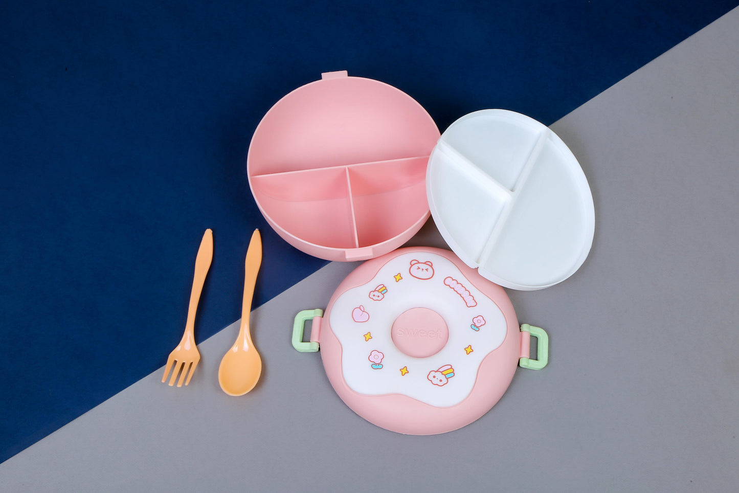 Donut-Shaped Double-Insulated 3-Compartment Lunch Box with Spoon and Fork - 750ml
