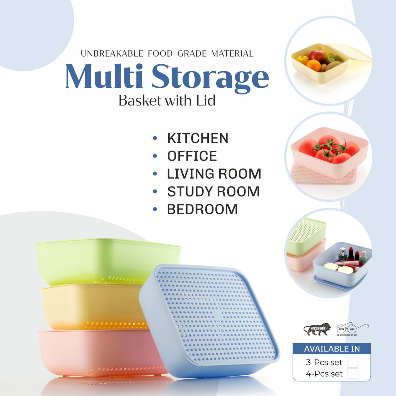 Dimazofly Multi Storage Basket With Lid | BPA Free Plastic Containers for Storage Set for Air Tight Container Set of 4
